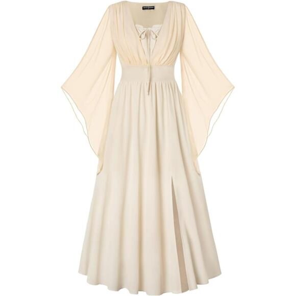 Dresses & Skirts - Women Bell Sleeve Fairy Dresses Split Maxi Apricot